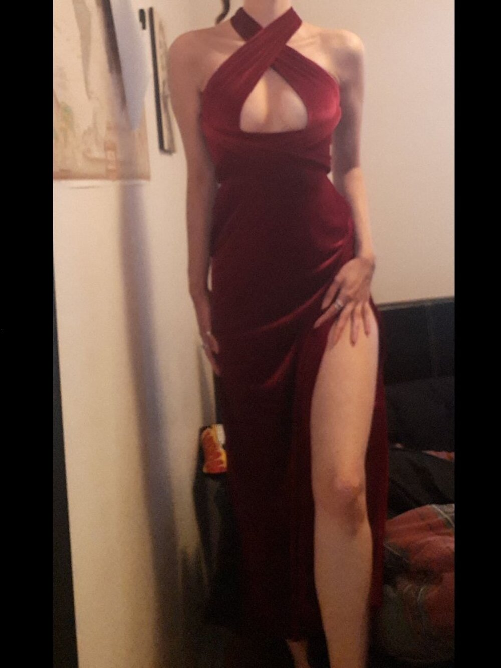 Elegant Dark Red Velvet Gown With Double Slits